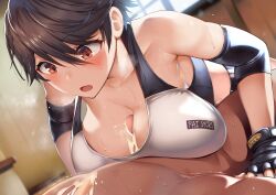 1boy 1girl absurdres bare_shoulders belko breasts brown_eyes censored cleavage clothed_female_nude_male cum cum_on_body cum_on_breasts cum_on_self cum_on_upper_body fingerless_gloves gloves hetero highres large_breasts mosaic_censoring nude original paizuri paizuri_under_clothes penis penis_peek solo_focus sports_bra tomboy