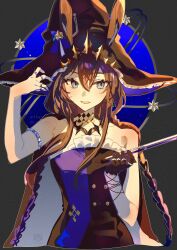 1girl :d absurdres adjusting_clothes adjusting_headwear ambience_synesthesia amiya_(arknights) amiya_(medic)_(arknights) amiya_(medic)_(solo_around_the_world)_(arknights) animal_ears arknights armlet bare_shoulders blush bow_(music) brown_gloves brown_hair brown_hat commentary english_commentary frills glint gloves grey_eyes hair_between_eyes hat highres holding holding_bow_(music) jewelry long_hair looking_at_viewer multiple_rings official_alternate_costume open_mouth ring single_glove smile solo watermark witch_hat yun-yang