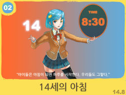 1girl black_thighhighs blue_hair female_focus hair_ornament hairpin korean_text latex latex_legwear miniskirt prophecy red_ribbon ribbon school_uniform short_hair simple_background skirt solo thighhighs time