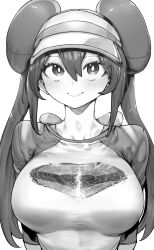 1girl absurdres arms_at_sides breasts closed_mouth donut_hair_bun double_bun greyscale hair_between_eyes hair_bun highres large_breasts long_hair looking_to_the_side monochrome nintendo niwarhythm poke_ball_print pokemon pokemon_bw2 print_shirt rosa_(pokemon) shirt simple_background smile solo twintails upper_body visor_cap