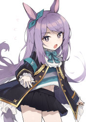 1girl absurdres aqua_armband aqua_bow aqua_bowtie aqua_shirt armband black_jacket black_nails black_skirt bow bowtie bright_pupils buttons commentary cowboy_shot ear_bow fang fingernails flying_sweatdrops frilled_jacket frilled_sleeves frills highres horse_girl jacket long_hair long_sleeves looking_at_viewer mejiro_mcqueen_(umamusume) midriff_peek miniskirt nail_polish navel open_mouth pleated_skirt purple_eyes purple_hair shirt simple_background skin_fang skirt solo standing torry912 umamusume white_background white_pupils white_shirt