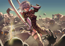 Rule 34 | 1girl, 2b (nier:automata), arm behind head, black boots, black dress, black gloves, black hairband, boots, breasts, cleavage, cleavage cutout, clothing cutout, dress, eladb art, feather trim, feet out of frame, gloves, glowing, glowing eyes, granblue fantasy, granblue fantasy versus: rising, grey hair, hair between eyes, hairband, highres, holding, holding sword, holding weapon, juliet sleeves, long sleeves, medium breasts, mole, mole under mouth, nier:automata, nier (series), puffy sleeves, short hair, side slit, sword, thigh boots, twitter username, two-tone gloves, weapon, white gloves