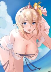 1girl absurdres bare_shoulders beach bikini blonde_hair blue_eyes blue_sky blush breasts cleavage collarbone europa_(granblue_fantasy) europa_(summer)_(granblue_fantasy) flower granblue_fantasy hair_flower hair_ornament hair_ribbon highres large_breasts leaning_forward looking_at_viewer open_mouth ribbon s4ika sky smile solo swimsuit tiara white_bikini