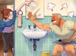 Rule 34 | 1boy, 1girl, aaron gruber (o natsuo88), angry, bathroom, beard stubble, clenched hand, commission, facial hair, grey hair, grey pants, hair bun, madison (o natsuo88), magazine (object), mature male, medium hair, mirror, muscular, muscular male, o natsuo88, original, pants, shirt, short sleeves, sink, sitting, skeb commission, sparse arm hair, sparse leg hair, stubble, sweatpants, tile wall, tiles, toilet, toilet paper, trash can, two-tone shirt, uncle and niece, white shirt