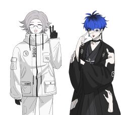 2boys aotsuki_eito black_choker black_haori black_kimono blue_eyes blue_hair choker closed_eyes cowboy_shot earrings face_piercing facial_mark glasses grey_hair hakama haori hashtag-only_commentary highres hood hooded_jacket jacket japanese_clothes jewelry kimono male_focus multiple_boys omokage_yugamu pants piercing short_hair simple_background smile the_hundred_line_-last_defense_academy- tongue tongue_out v white_background white_jacket white_pants ydhz01
