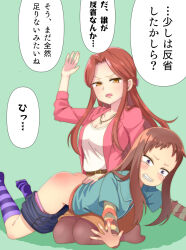 2girls artist_request breasts character_request cleavage humiliation multiple_girls spanked spanking tagme tears translation_request