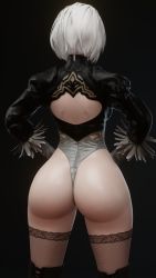 1girl absurdres ass back back_cutout black_background clothing_cutout cpt-flapjack curvy elbow_gloves feather-trimmed_sleeves from_behind gloves hands_on_own_hips highres huge_ass juliet_sleeves leotard long_sleeves nier_(series) nier:automata puffy_sleeves short_hair solo square_enix thick_thighs thighhighs thighs thong_leotard white_hair wide_hips 2b_(nier:automata)
