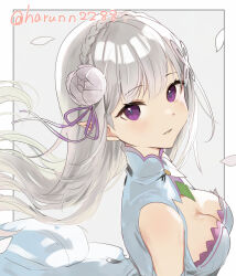 1girl bare_shoulders blush braid breasts cleavage crown_braid dress emilia_(re:zero) flower grey_hair hair_flower hair_ornament hair_ribbon haru_(nakajou-28) highres long_hair looking_at_viewer medium_breasts pointy_ears purple_eyes purple_ribbon re:zero_kara_hajimeru_isekai_seikatsu ribbon smile solo upper_body white_flower white_hair x_hair_ornament