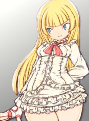 Rule 34 | 1girl, beeru (veil8801), blonde hair, blue eyes, blunt bangs, breasts, buttons, closed mouth, cowboy shot, emilie de rochefort, fingerless gloves, frilled shirt, frilled skirt, frills, gloves, gradient background, highres, hime cut, long hair, long sleeves, medium breasts, miniskirt, neck ribbon, red ribbon, ribbon, shirt, sideways glance, skirt, solo, split mouth, standing, tekken, white gloves, white shirt, white skirt