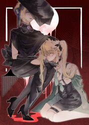 2girls axis_powers_hetalia blonde_hair cubeofd dress fingerless_gloves france_(female)_(hetalia) genderswap genderswap_(mtf) glasses gloves green_eyes hair_ornament hair_ribbon hairclip hat highres jacket jewelry long_hair looking_at_viewer multiple_girls necklace necktie on_ground pantyhose purple_eyes red_background ribbon shirt shoes sitting skirt smile twintails united_kingdom_(female)_(hetalia) updo