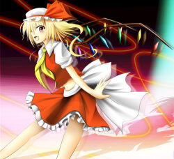 Rule 34 | 1girl, 2000s (style), :d, abstract background, afterimage, arms at sides, back bow, blonde hair, bow, collared shirt, commentary request, cowboy shot, crystal wings, flandre scarlet, frilled skirt, frills, gen (pixiv1736859), gradient background, hat, large bow, looking at viewer, medium hair, midriff, miniskirt, mob cap, navel, necktie, open mouth, pink background, profile, puffy short sleeves, puffy sleeves, red eyes, red skirt, red vest, shadow, shirt, short sleeves, side ponytail, skirt, skirt set, smile, solo, thread, touhou, vest, white bow, white hat, white shirt, wing collar, wings, yellow necktie