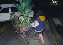 black_hair black_skirt blue_jacket car highres hood hoodie jacket letterman_jacket manhole_cover motor_vehicle original plant road shoes shopping_cart short_hair signature sketch skirt white_car xilmo yellow_hoodie