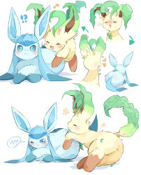 Rule 34 | absurdres, animal focus, blue eyes, blue hair, blush, closed mouth, frown, gen 4 pokemon, glaceon, highres, illustrattyako, leafeon, long hair, lying, nintendo, no humans, open mouth, pokemon, pokemon (creature), sidelocks, wavy mouth