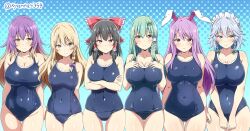 alternate_costume animal_ears arms_under_breasts blonde_hair blue_one-piece_swimsuit blush bow braid breasts brown_hair cleavage collarbone commentary_request covered_navel cowboy_shot crossed_arms frilled_bow frilled_hair_tubes frills frog_hair_ornament gradient_hair green_hair grey_hair groin hair_bow hair_flaps hair_ornament hair_tubes hakurei_reimu hands_on_own_chest highres hijiri_byakuren izayoi_sakuya kirisame_marisa kochiya_sanae kyanta5354 large_breasts lineup long_hair looking_at_viewer maid_headdress multicolored_hair one-piece_swimsuit partial_commentary pink_hair purple_bow rabbit_ears red_bow reisen_udongein_inaba school_swimsuit single_braid snake_hair_ornament straight_hair swimsuit thighs touhou twitter_username very_long_hair