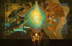 2boys 2girls blonde_hair dark-skinned_female dark_skin dragon fingernails glowing glowing_eyes highres light_dragon_(zelda) link multiple_boys multiple_girls multiple_persona nintendo princess_zelda rauru_(tears_of_the_kingdom) sharp_fingernails sonia_(zelda) spoilers the_legend_of_zelda the_legend_of_zelda:_tears_of_the_kingdom tixili torch very_long_ears zonai