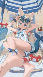 1girl ahoge animal_ear_fluff animal_ears arm_behind_head armpits arms_up ass barefoot beach beach_umbrella bikini bikini_under_clothes blonde_hair blue_eyes cat_ears crab dress eyewear_on_head feet fins fish_tail foot_focus foreshortening highres indie_virtual_youtuber koyo2023 long_hair lying multicolored_hair nail_polish on_back open_clothes open_dress sameko_saba short_dress short_shorts shorts sleeveless sleeveless_dress smile soles streaked_hair striped_bikini striped_clothes sunglasses swimsuit tail toes twintails umbrella unbuttoned_dress virtual_youtuber white_dress white_shorts