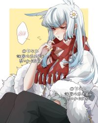 1girl absurdres blue_hair blunt_bangs colored_tips daisy_(flower) flower fur ganshijiu gradient_hair grey_hair hair_down hair_flower hair_ornament highres long_sleeves mimizuku_(sky:_children_of_the_light) multicolored_hair pointy_hair scarf sky:_children_of_the_light solo white_flower white_hair