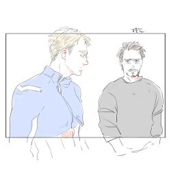 Rule 34 | 2boys, avengers (series), blonde hair, blue bodysuit, bodysuit, border, brown eyes, brown hair, captain america, closed eyes, closed mouth, commentary request, facial hair, grey shirt, highres, long sleeves, looking at another, male focus, marvel, marvel cinematic universe, multiple boys, my 3rd, outside border, shirt, short hair, simple background, steve rogers, superhero costume, the avengers (2012), tony stark, upper body, white background, white border