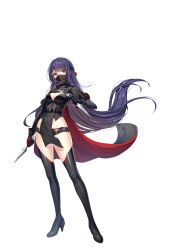 Rule 34 | 1girl, black boots, black gloves, black shirt, black shorts, black thighhighs, boots, braid, breasts, cape, cleavage, closers, crop top, dual wielding, eunha (closers), floating hair, full body, glint, gloves, green eyes, high collar, high heel boots, high heels, highres, holding, holding kunai, holding weapon, kunai, long hair, looking at viewer, mask, medium breasts, micro shorts, midriff, mouth mask, official art, pelvic curtain, purple hair, reverse grip, shirt, shorts, solo, standing, thigh boots, thighhighs, thighs, transparent background, very long hair, weapon