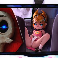 1girl 2boys against_glass billy_(grim_adventures) black_cloak black_eyes black_hairband blonde_hair blue_eyes car_interior cloak closed_mouth ear_piercing fiz-rot flat_chest frontal_wedgie hairband highres hood hooded_cloak indoors loli long_hair looking_at_viewer mandy_(grim_adventures) mirror multiple_boys open_mouth panties piercing pink_tank_top reflection self_wedgie sitting skeleton smile tank_top the_grim_adventures_of_billy_&amp;_mandy underwear wedgie white_panties