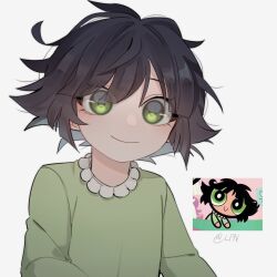 Rule 34 | 1girl, black hair, buttercup (ppg), buttercup redraw challenge (meme), closed mouth, eyes visible through hair, frilled shirt, frills, green eyes, green shirt, grey background, hashtag-only commentary, highres, long sleeves, looking at viewer, luckyfivenights, meme, messy hair, powerpuff girls, reference inset, shirt, simple background, smile, solo, upper body