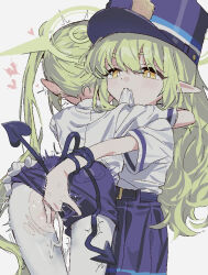 2girls blue_archive bright_pupils demon_tail earrings fang fingering green_hair green_halo halo hara_(user_hwax5447) hat hikari_(blue_archive) incest jewelry loli long_hair mouth_hold multiple_girls nozomi_(blue_archive) pantyhose peaked_cap pointy_ears purple_shorts purple_skirt shirt short_sleeves shorts siblings sisters skin_fang skirt tail torn_clothes torn_pantyhose vaginal very_long_hair white_pantyhose white_pupils white_shirt yellow_eyes yuri