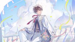1boy blue_sky bouquet brown_hair chinese_commentary closed_eyes cloud confetti ensemble_stars! facing_to_the_side flower hair_between_eyes hand_on_own_leg high_collar highres holding holding_bouquet jacket jewelry long_sleeves male_focus morisawa_chiaki official_alternate_costume open_mouth outdoors pants ppzi567 red_ribbon ribbon ring short_hair sitting sky smile solo streamers teeth upper_teeth_only white_jacket white_pants