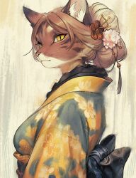 1girl animal_ear_fluff animal_ears brown_hair cat_ears flower furry hair_bun hair_flower hair_ornament highres japanese_clothes kimono long_hair looking_at_viewer looking_to_the_side nonoka917 obi original sash slit_pupils solo whiskers yellow_eyes