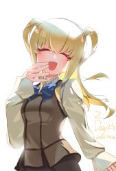 Rule 34 | 1boy, ^ ^, ame no kisaki academy school uniform, blonde hair, brown vest, closed eyes, crossdressing, crossdressing (mtf), highres, kuon iki, long hair, long sleeves, male focus, maria holic, mole, mole under eye, open mouth, school uniform, shidou mariya, smile, trap, two side up, vest, white background