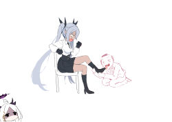 1boy 2girls absurdres ahoge black_gloves black_halo black_shoes black_skirt black_socks blue_archive breasts chibi chibi_inset commentary dark-skinned_female dark_skin doodle_sensei_(blue_archive) english_commentary full_body gloves grey_hair halo highres hina_(blue_archive) iori_(blue_archive) licking licking_foot long_hair looking_at_another multiple_girls pointy_ears profile sensei_(blue_archive) shaded_face shin_121 shirt shoes sitting skirt socks tongue twintails very_long_hair white_background white_hair white_shirt