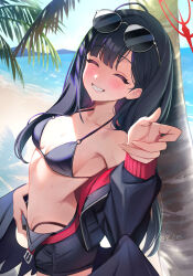 Rule 34 | 1girl, 8n0 g, artist name, bare shoulders, beach, belt, bikini, bikini under shorts, black bikini, black hair, black jacket, black shorts, black wings, blue archive, blue sky, blush, breasts, closed eyes, collarbone, day, eyewear on head, feathered wings, from side, halo, halterneck, hand up, head tilt, highres, ichika (blue archive), ichika (swimsuit) (blue archive), jacket, long hair, long sleeves, looking at viewer, low wings, medium breasts, micro shorts, o-ring, o-ring bikini, o-ring top, ocean, off shoulder, official alternate costume, open clothes, open fly, open jacket, outdoors, palm tree, red belt, red halo, shorts, sky, smile, solo, standing, sunglasses, sunlight, swimsuit, teeth, tree, under tree, very long hair, wet, wings