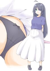 1girl ahoge akara_kai black_hair black_panties blue_eyes blue_shirt blush breasts full_body hair_down highres holding holding_umbrella kako_(kancolle) kako_(summer)_(kancolle) kantai_collection long_hair long_skirt looking_at_viewer official_alternate_costume panties pink_umbrella purple_shirt shirt short_sleeves skirt smile solo umbrella underwear white_skirt