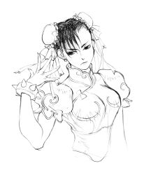 1girl arm_at_side bracelet breasts bun_cover capcom china_dress chinese_clothes chun-li double_bun dress earrings game_cg greyscale hair_bun hand_up highres jewelry monochrome nishimura_kinu non-web_source official_art outstretched_hand sash sideways_glance solo spiked_bracelet spikes street_fighter street_fighter_ii_(series) studded_bracelet unitard v-shaped_eyebrows