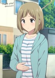 1girl aqua_jacket artist_name black_eyes blurry blurry_background blush bob_cut brown_hair building bush closed_mouth collarbone commentary_request commission etra-chan_wa_mita! hand_on_own_stomach hood hooded_jacket hungry jacket long_sleeves mizinkoex open_clothes open_jacket outdoors shirt short_hair skeb_commission solo striped_clothes striped_shirt thank_you tree tsutsuji_(etra-chan_wa_mita!) upper_body watermark white_shirt