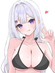 1girl :q bikini black_bikini breasts center-flap_bangs collarbone commentary_request gradient_eyes hair_between_eyes hair_intakes hair_ornament hand_up head_tilt heart highres large_breasts light_blush long_hair multicolored_eyes original purple_eyes sidelocks solo spaghetti_strap sweat swimsuit tillots tongue tongue_out upper_body w white_background white_hair x_hair_ornament
