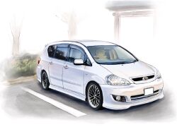 car highres k.tofu motor_vehicle no_humans original parking_lot shadow torii toyota toyota_ipsum vehicle_focus white_car
