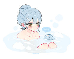 Rule 34 | 1girl, bang dream!, bang dream! it&#039;s mygo!!!!!, bathing, blue hair, blush, closed mouth, collarbone, commentary, hair bun, hair ornament, hairclip, highres, kyou 039, short hair, single hair bun, solo, togawa sakiko, twitter username, wet, yellow eyes