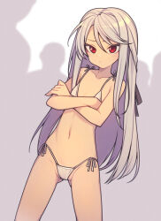 1girl 4others bare_shoulders bikini black_ribbon cameltoe closed_mouth collarbone commentary cowboy_shot crossed_arms dot_mouth dot_nose everyntrge flat_chest gluteal_fold groin hair_between_eyes hair_ribbon highres light_blush long_hair looking_at_viewer multiple_others navel original red_eyes ribbon sidelocks solo_focus standing stomach string_bikini swimsuit very_long_hair white_background white_bikini white_hair