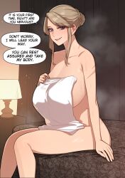 1girl 6no1 bed blonde_hair blue_eyes blush braid braided_bun breasts hair_bun highres huge_breasts indoors lamp long_hair looking_at_viewer multiple_scars naked_towel nose_blush nude on_bed open_mouth original parted_bangs scar sidelocks sitting smile solo speech_bubble steaming_body sweat towel