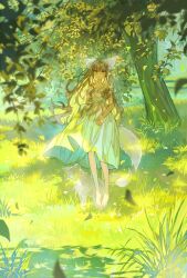 1girl absurdres bare_shoulders barefoot brown_hair collarbone day dress fox frown grass highres lake long_hair looking_at_viewer medium_dress nature off-shoulder_dress off_shoulder original outdoors scenery shade short_sleeves solo spirit strapless strapless_dress sumi_0525 tree very_long_hair white_dress wide_shot yellow_eyes