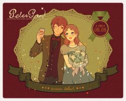 1boy 1girl alternate_costume animification blue_eyes bouquet brown_hair flower hair_bun hat highres holding holding_bouquet looking_at_viewer mizala open_mouth pointy_ears short_hair smile solo unworn_hat unworn_headwear walt_disney&#039;s_peter_pan wendy_darling
