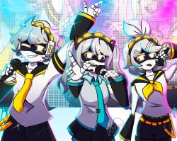 1boy 2girls ;d arm_at_side arm_up black_shorts black_skirt black_sleeves blue_necktie bow collared_shirt commentary commentary_request cosplay cowboy_shot detached_sleeves english_commentary fewer_digits grey_shirt grin hair_bow hairband hands_up hatsune_miku hatsune_miku_(cosplay) headset highres holding holding_microphone humanoid_robot index_finger_raised j_(murder_drones) kagamine_len kagamine_len_(cosplay) kagamine_rin kagamine_rin_(cosplay) looking_at_viewer microphone mixed-language_commentary multiple_girls murder_drones n_(murder_drones) necktie one_eye_closed open_mouth partial_commentary rain_(rainbow_cream7) robot sailor_collar shirt short_hair short_sleeves shorts signature skirt smile spanish_commentary sparkle v_(murder_drones) vocaloid white_shirt yellow_eyes yellow_necktie zoom_layer