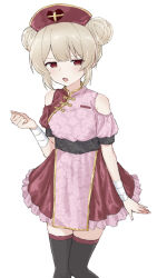 Rule 34 | 1girl, bandaged arm, bandages, bare shoulders, black thighhighs, blonde hair, blush, clothing cutout, cowboy shot, double bun, dress, fang, hair bun, hat, highres, looking at viewer, natori sana, nurse cap, open mouth, red eyes, sana channel, sanz zzz, shoulder cutout, simple background, skin fang, solo, thighhighs, virtual youtuber, white background