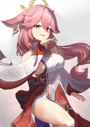 1girl absurdres animal_ears cowboy_shot detached_sleeves floating_hair fox_ears genshin_impact highres japanese_clothes long_hair looking_at_viewer miko nontraditional_miko pink_hair purple_eyes smug solo thighs tora_(kumo_sakamoto) very_long_hair yae_miko