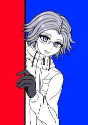 1boy aotsuki_eito black_gloves blue_background blue_eyes glasses gloves highres long_sleeves looking_at_viewer open_mouth parted_hair red_background simple_background the_hundred_line_-last_defense_academy- white_hair