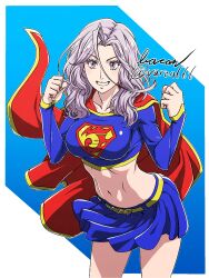 1girl baron_(varon666) breasts cape collarbone dc_comics fuuto_tantei kamen_rider kamen_rider_w large_breasts looking_at_viewer medium_hair midriff navel purple_eyes purple_hair skirt smile solo supergirl_(cosplay) tokime_(fuuto_tantei) varon