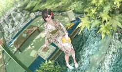1girl barefoot black_hair book borrowed_character closed_mouth commentary_request commission day floral_print floral_print_kimono flower full_body green_sash hair_flower hair_ornament highres holding holding_book japanese_clothes kimono leaf long_sleeves obi original outdoors petting pink_eyes print_kimono sash short_hair sitting skeb_commission smile soaking_feet solo summer table tngn96 towel tree water waterfall white_kimono