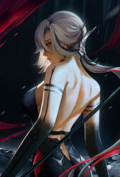 Rule 34 | 1girl, absurdres, arlecchino (genshin impact), arm tattoo, backless outfit, bare back, bare shoulders, genshin impact, grey hair, highres, long hair, low ponytail, nervi fd, ponytail, solo, tattoo, upper body, very long hair