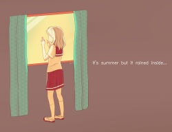 ... 1girl artist_name blonde_hair brown_background brown_sailor_collar brown_shoes brown_skirt commentary crying curtains english_commentary english_text facing_to_the_side full_body heart highres indoors lonely looking_outside medium_hair multicolored_shoes no_eyes original ryomidh sad sailor_collar school_uniform serafuku shoes short_sleeves simple_background skirt sky socks solo standing summer tears two-tone_shoes uwabaki window yellow_serafuku yellow_shoes yellow_sky yellow_socks