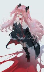 1girl absurdres black_bow black_dress black_thighhighs blood bow dress fangs highres krul_tepes long_hair owari_no_seraph pink_hair pointy_ears red_eyes solo thighhighs vampire white_background zerogu_(0gu_4p)